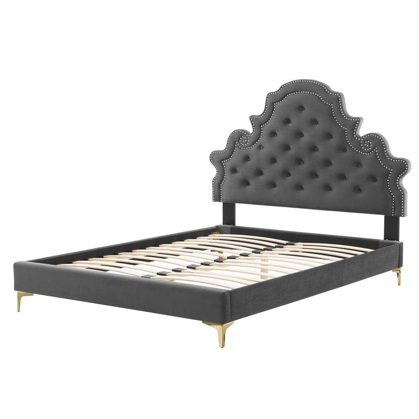 Gwyneth Tufted Performance Velvet Queen Platform Bed, Velvet, Dark Grey Gray, 22674