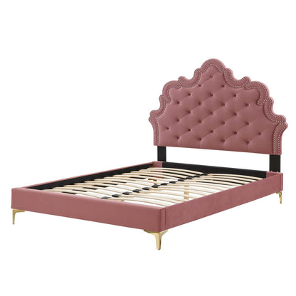 Gwyneth Tufted Performance Velvet Queen Platform Bed, Velvet, Pink, 22675