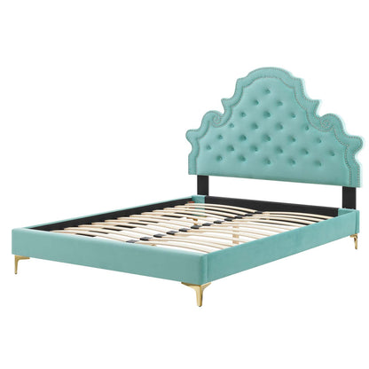 Gwyneth Tufted Performance Velvet Queen Platform Bed, Velvet, Blue, 22677