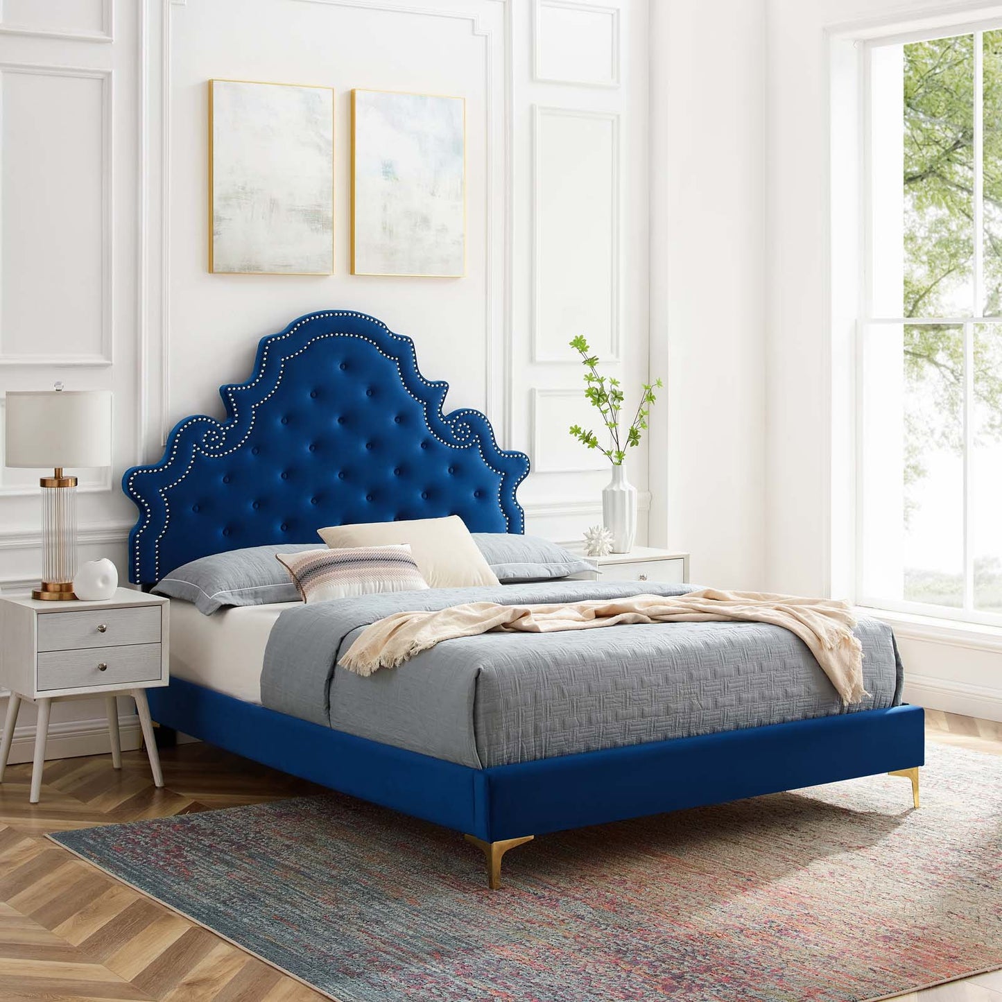 Gwyneth Tufted Performance Velvet Queen Platform Bed, Velvet, Blue Navy, 22678