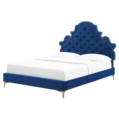 Gwyneth Tufted Performance Velvet Queen Platform Bed, Velvet, Blue Navy, 22678