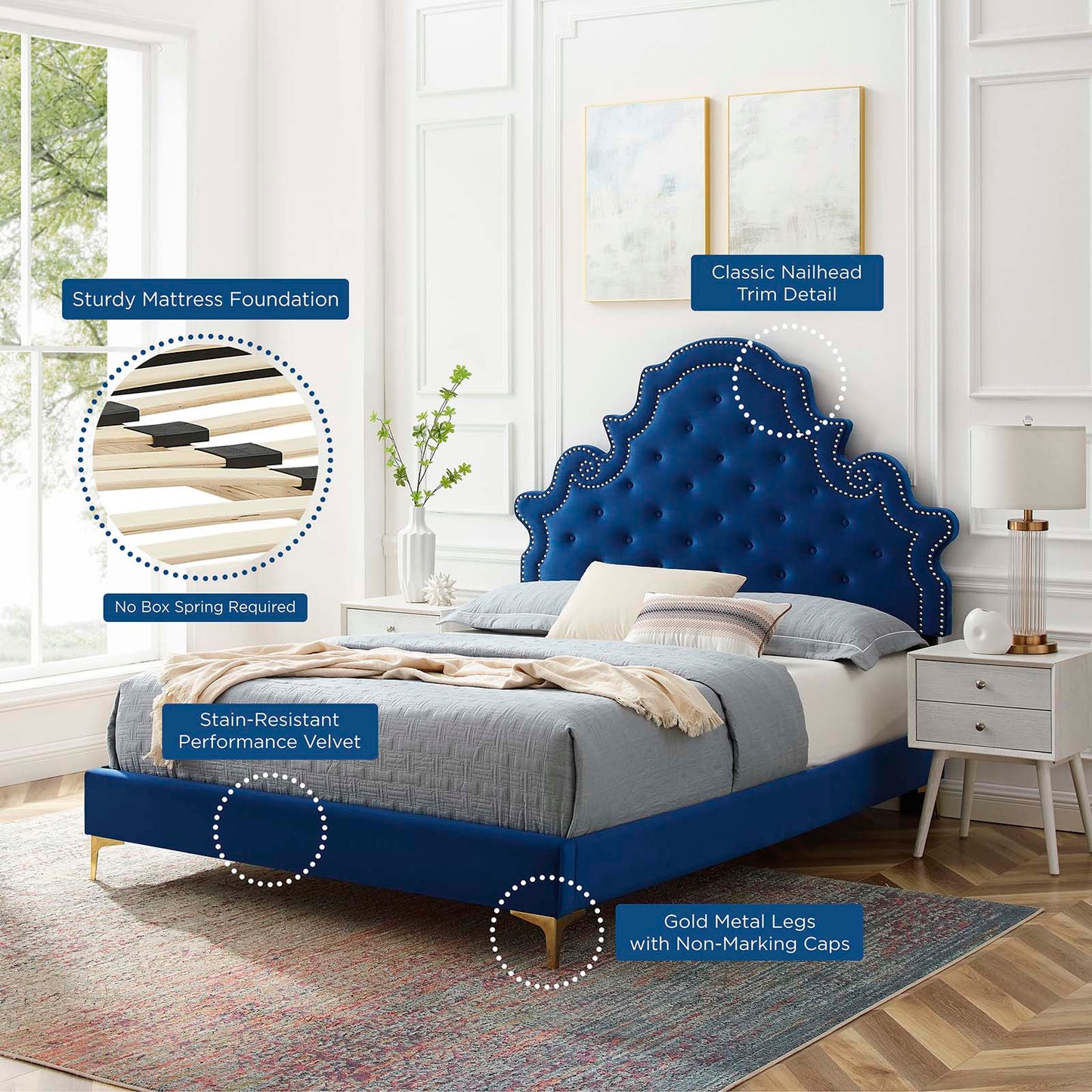 Gwyneth Tufted Performance Velvet Queen Platform Bed, Velvet, Blue Navy, 22678