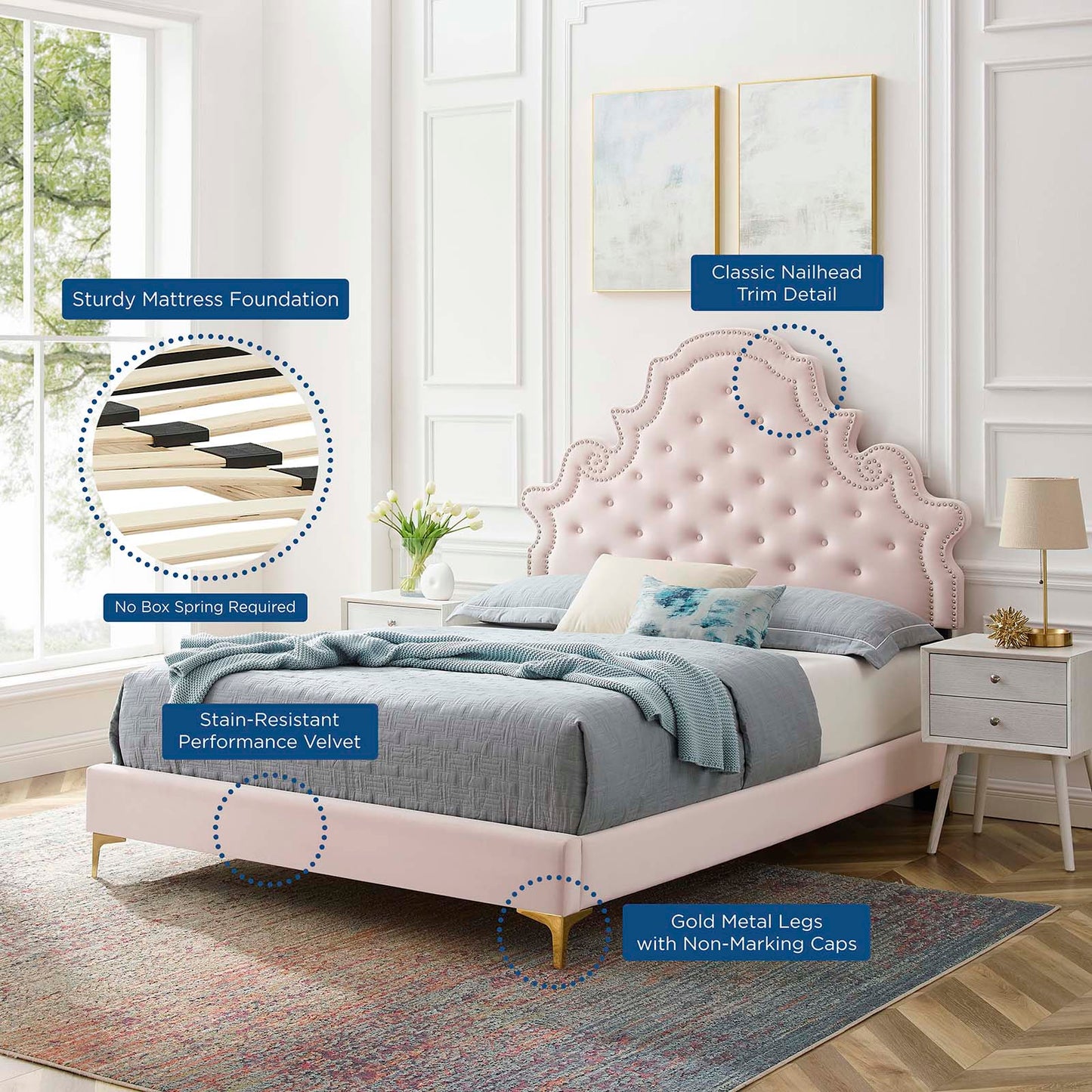 Gwyneth Tufted Performance Velvet Queen Platform Bed, Velvet, Pink, 22679