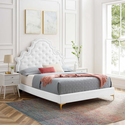 Gwyneth Tufted Performance Velvet Queen Platform Bed, Velvet, White, 22681