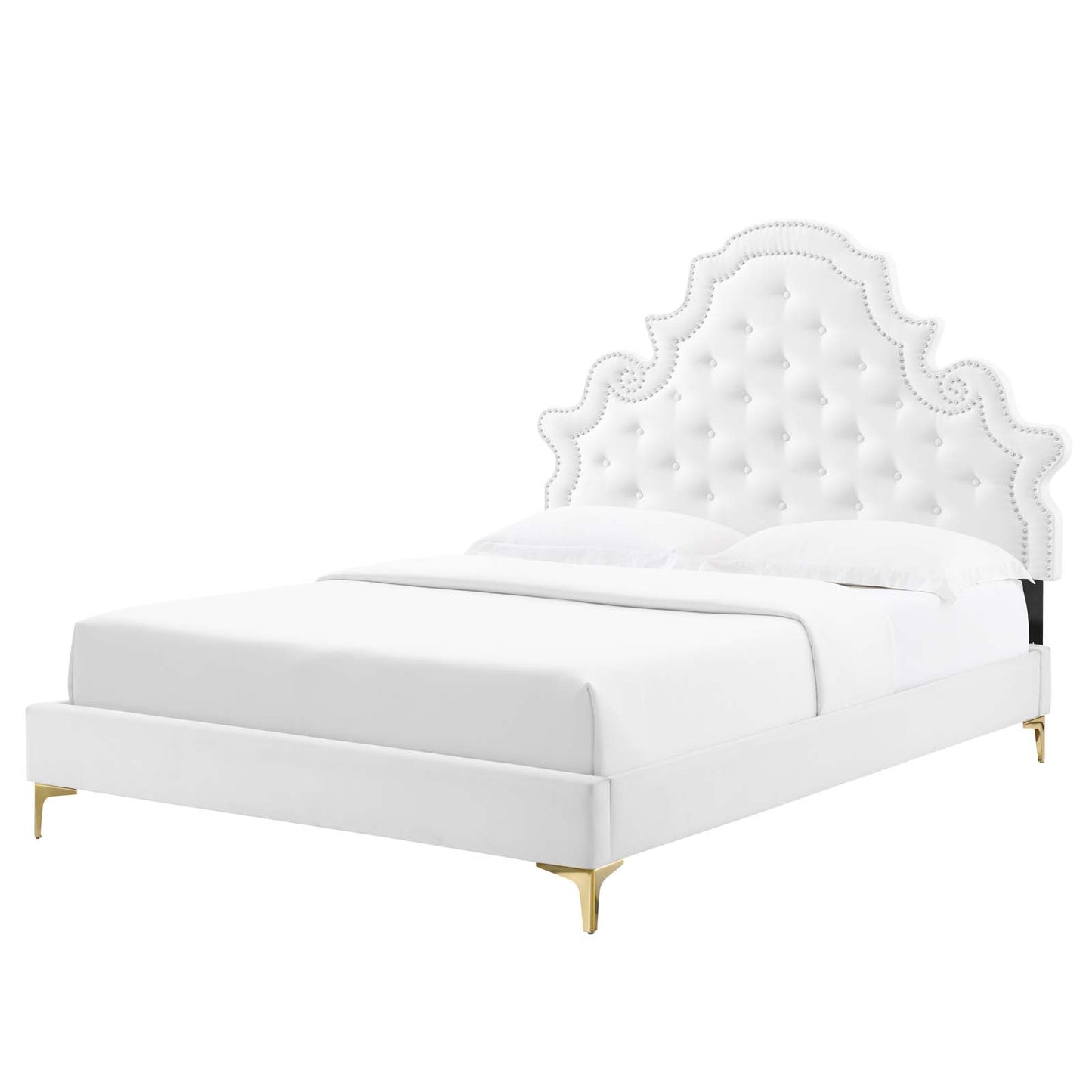 Gwyneth Tufted Performance Velvet Queen Platform Bed, Velvet, White, 22681