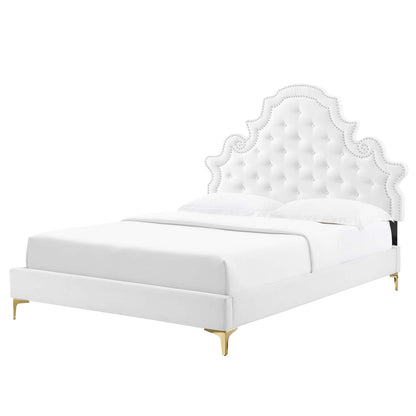 Gwyneth Tufted Performance Velvet Queen Platform Bed, Velvet, White, 22681