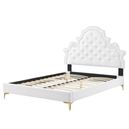 Gwyneth Tufted Performance Velvet Queen Platform Bed, Velvet, White, 22681