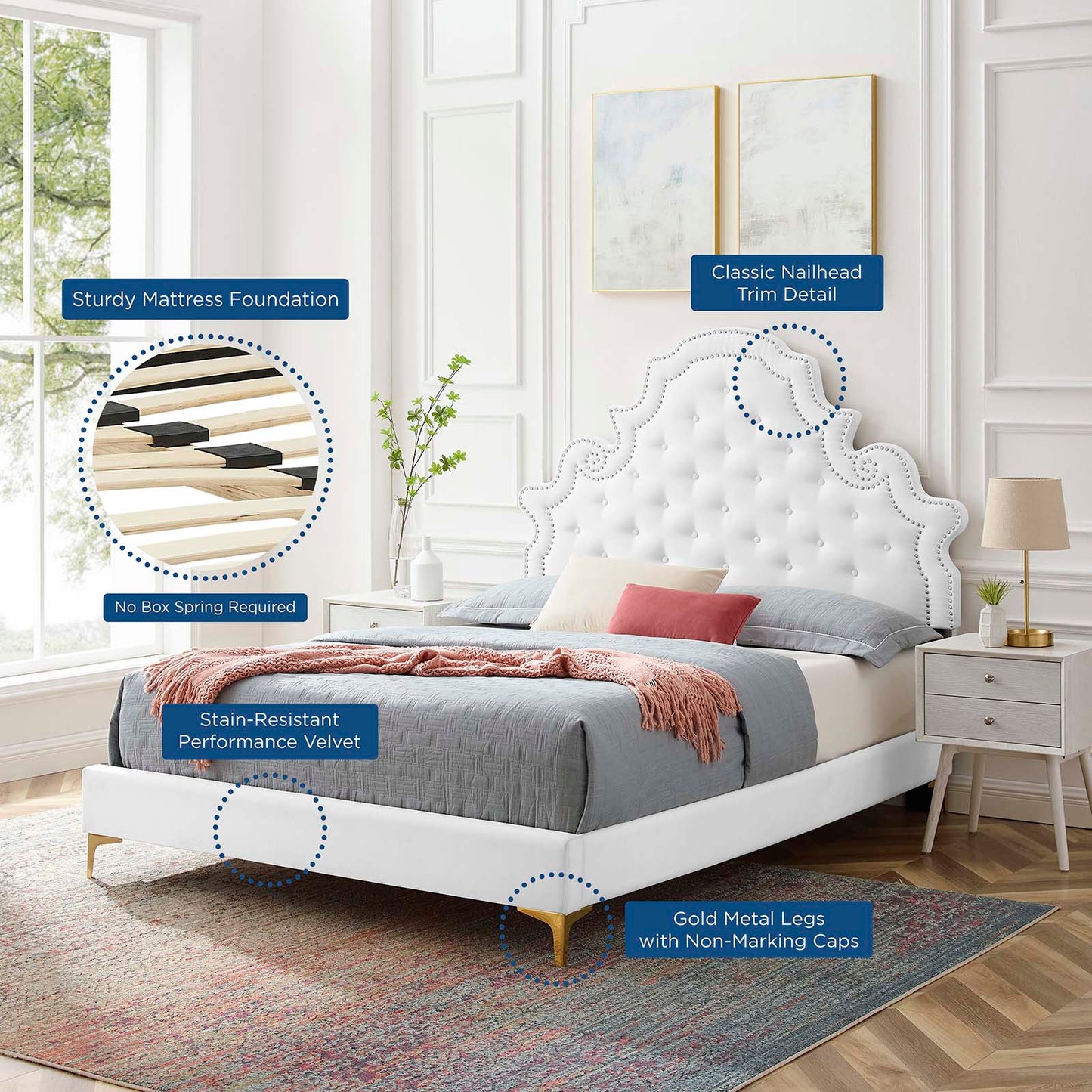Gwyneth Tufted Performance Velvet Queen Platform Bed, Velvet, White, 22681