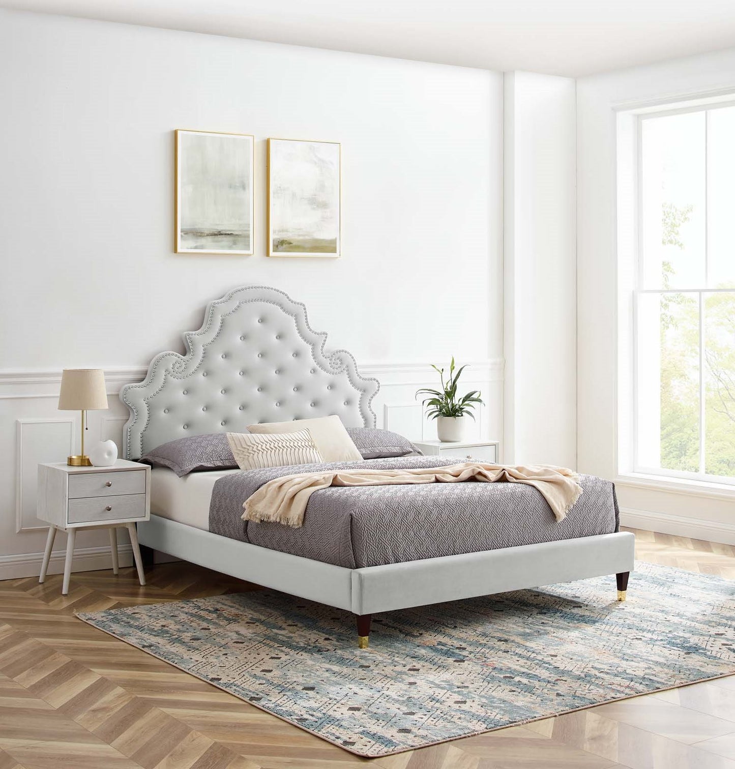 Gwyneth Tufted Performance Velvet Queen Platform Bed, Velvet, Light Grey Gray, 22684