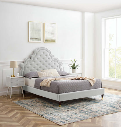 Gwyneth Tufted Performance Velvet Queen Platform Bed, Velvet, Light Grey Gray, 22684