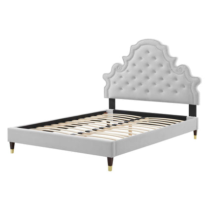 Gwyneth Tufted Performance Velvet Queen Platform Bed, Velvet, Light Grey Gray, 22684