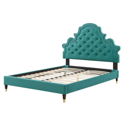 Gwyneth Tufted Performance Velvet Queen Platform Bed, Velvet, Teal Blue, 22688