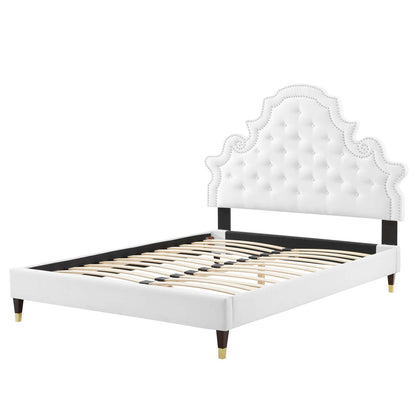 Gwyneth Tufted Performance Velvet Queen Platform Bed, Velvet, White, 22689