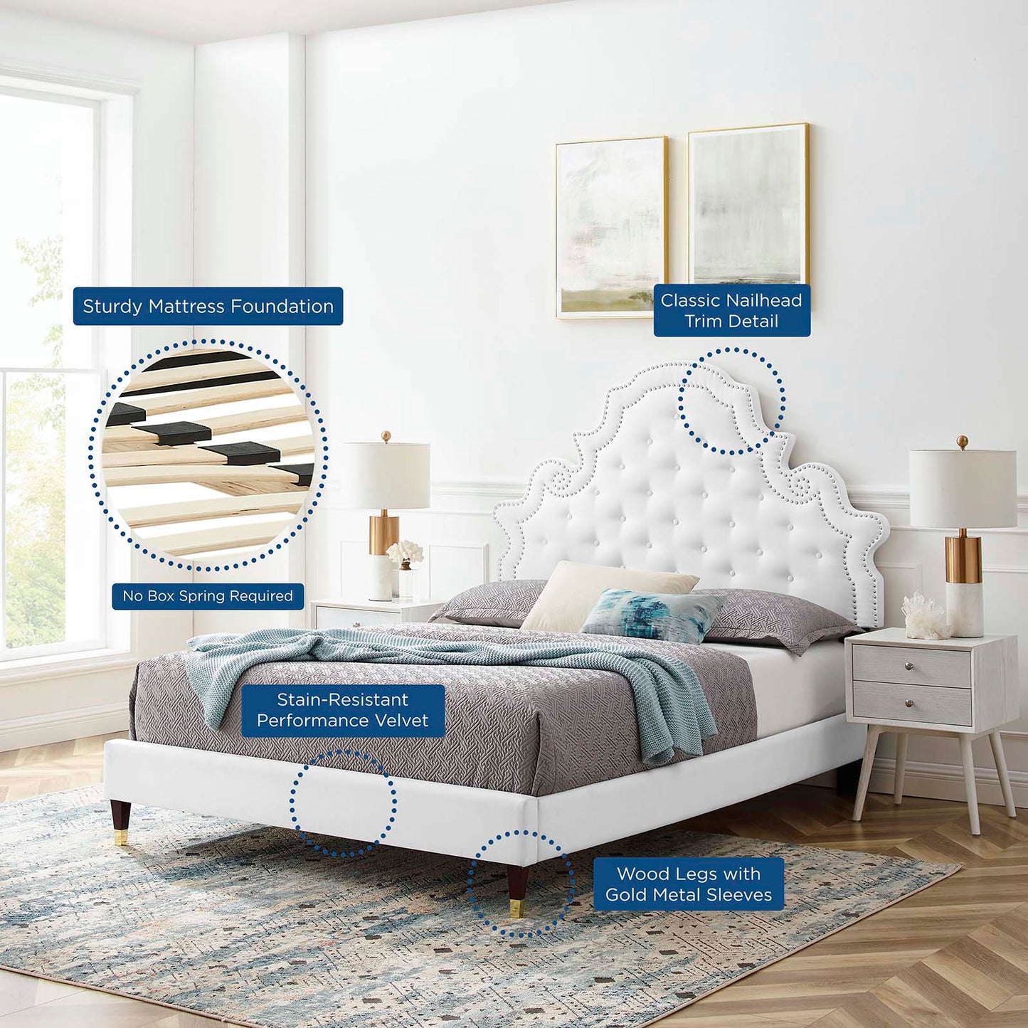 Gwyneth Tufted Performance Velvet Queen Platform Bed, Velvet, White, 22689