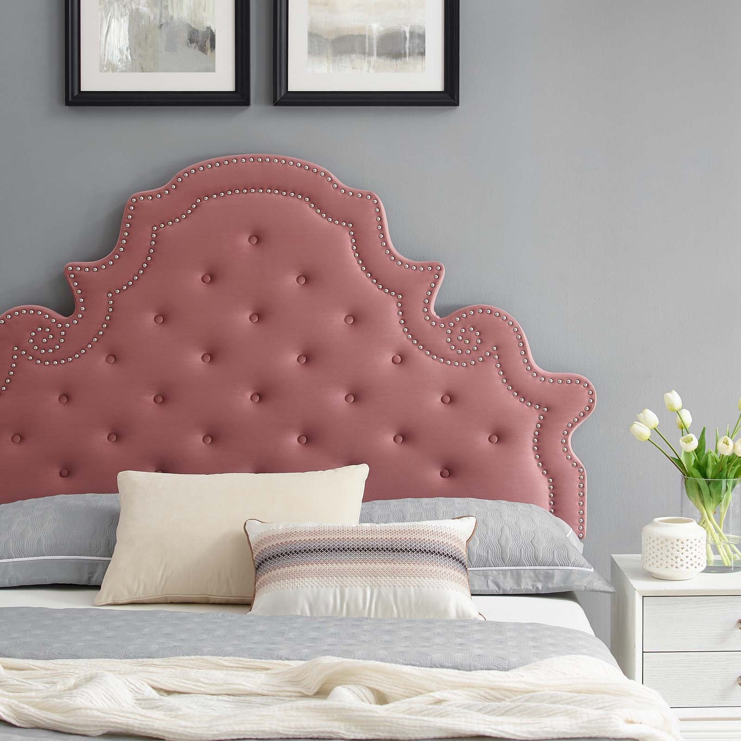 Gwyneth Tufted Performance Velvet Queen Platform Bed, Velvet, Pink, 22691