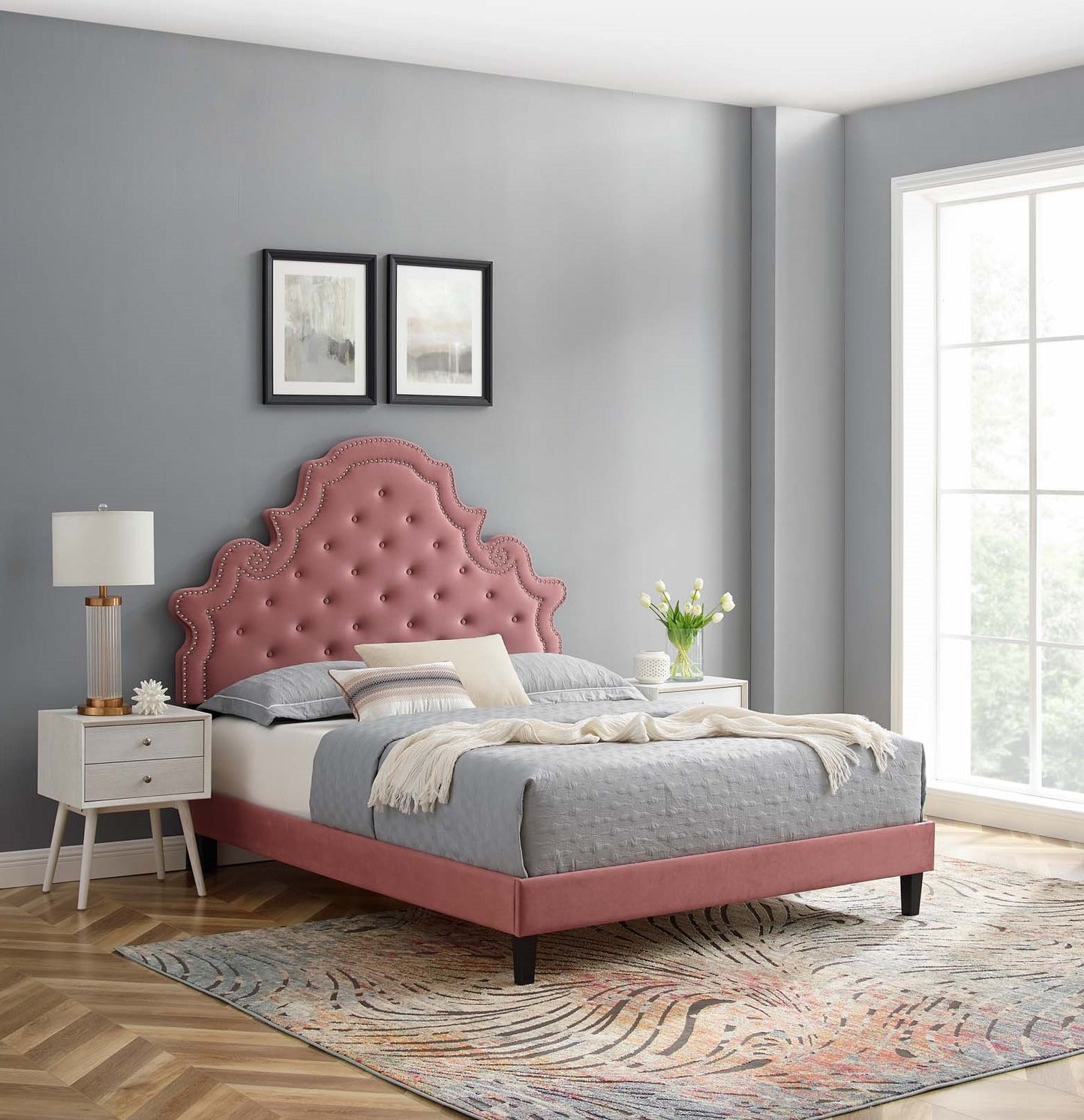 Gwyneth Tufted Performance Velvet Queen Platform Bed, Velvet, Pink, 22691