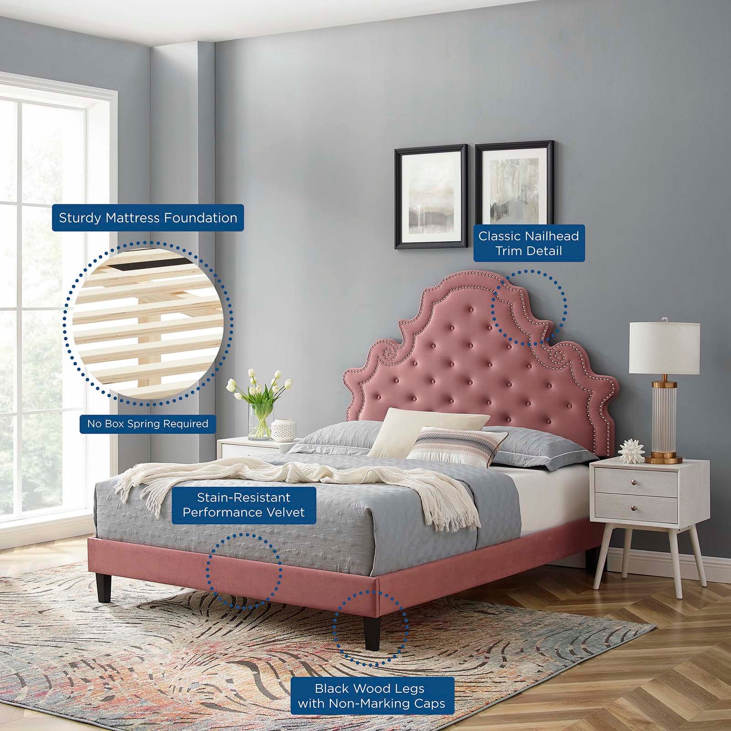 Gwyneth Tufted Performance Velvet Queen Platform Bed, Velvet, Pink, 22691