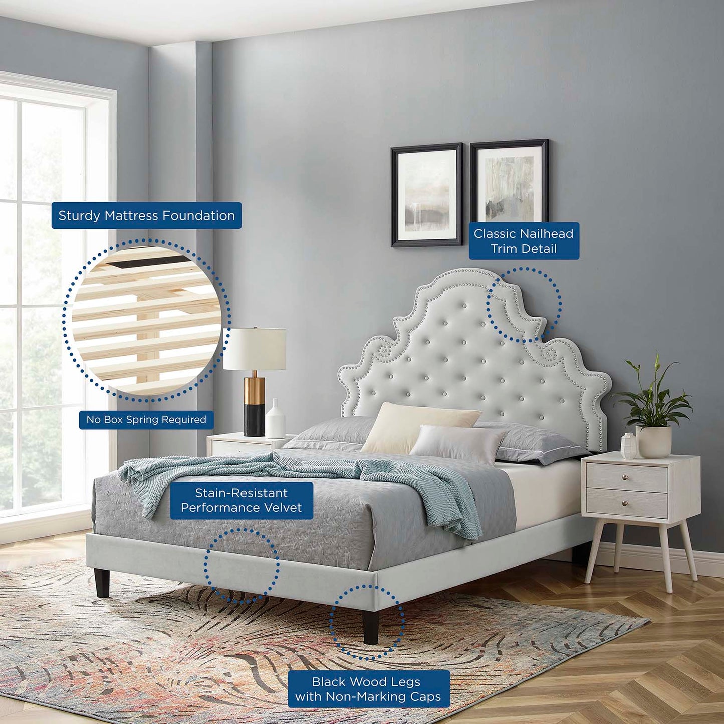 Gwyneth Tufted Performance Velvet Queen Platform Bed, Velvet, Light Grey Gray, 22692