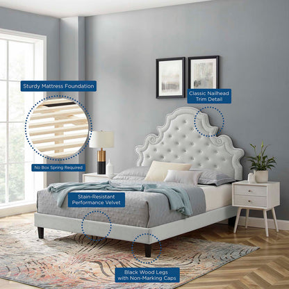 Gwyneth Tufted Performance Velvet Queen Platform Bed, Velvet, Light Grey Gray, 22692