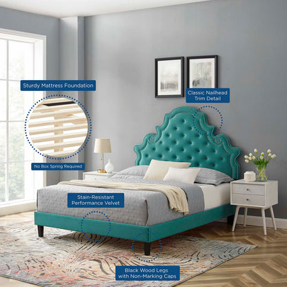 Gwyneth Tufted Performance Velvet Queen Platform Bed, Velvet, Teal Blue, 22696