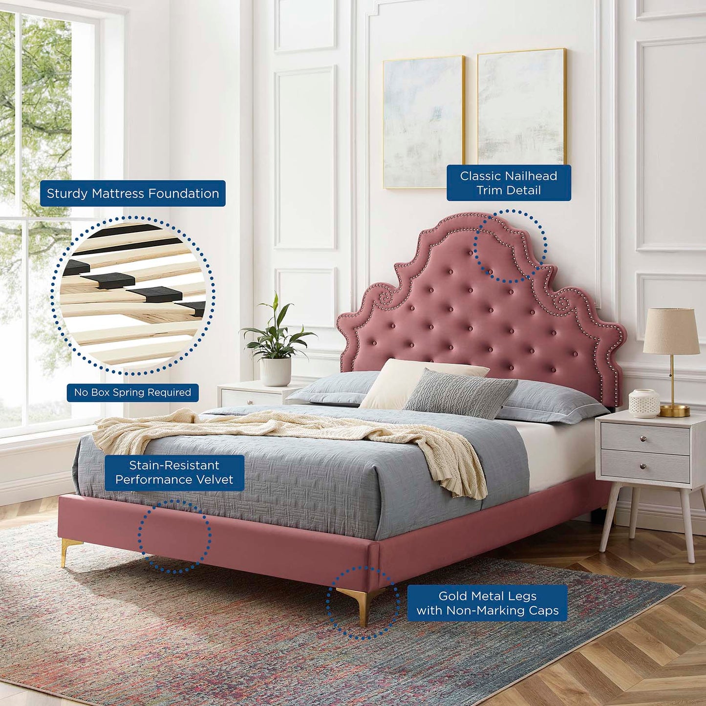 Gwyneth Tufted Performance Velvet Twin Platform Bed, Velvet, Pink, 22699