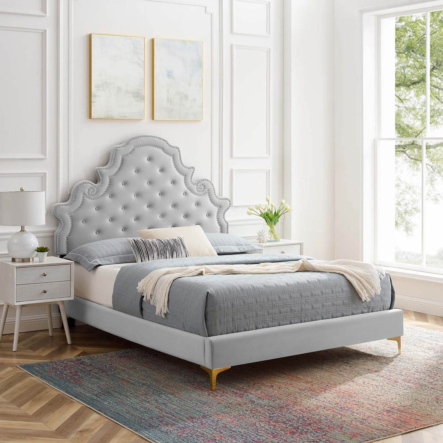 Gwyneth Tufted Performance Velvet Twin Platform Bed, Velvet, Light Grey Gray, 22700