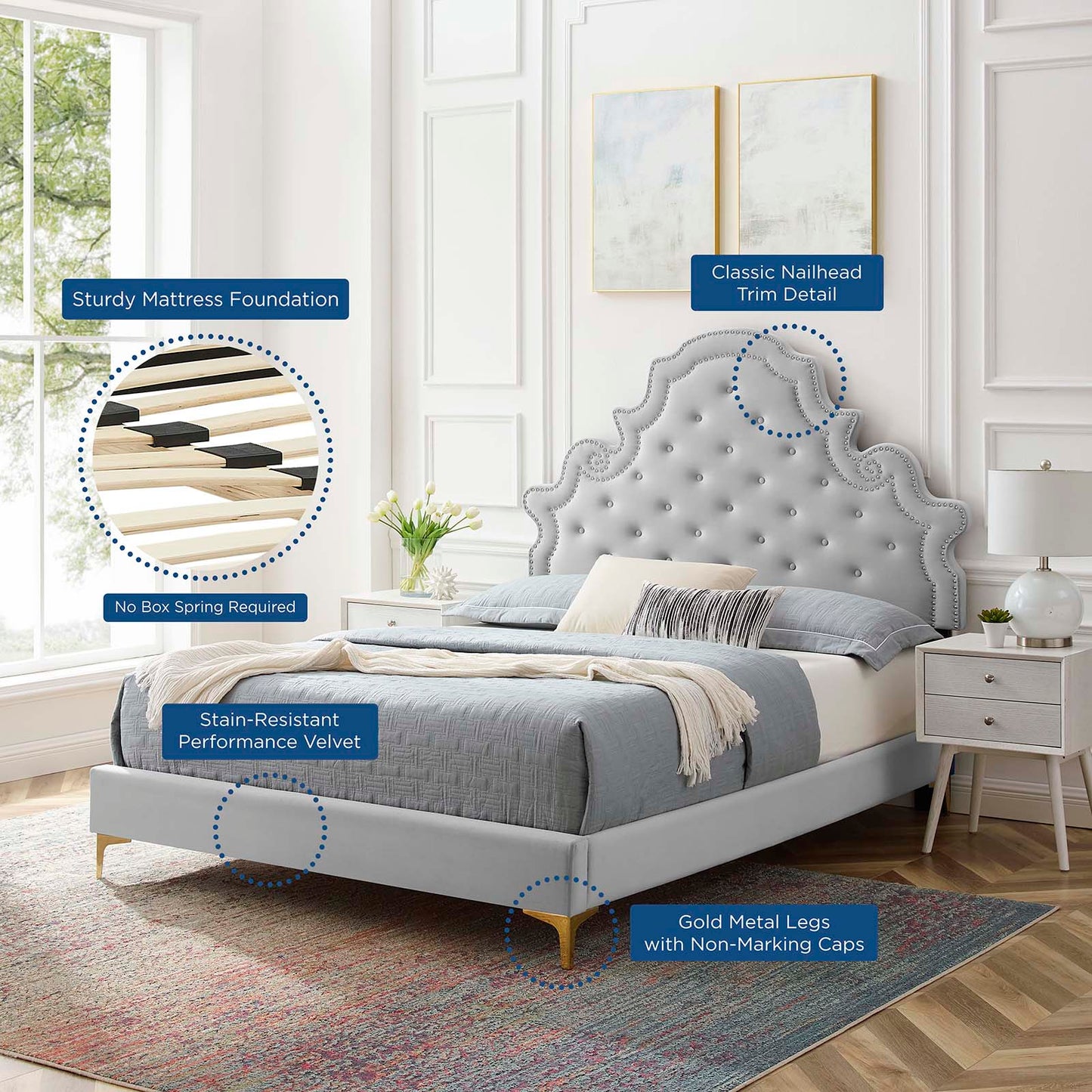 Gwyneth Tufted Performance Velvet Twin Platform Bed, Velvet, Light Grey Gray, 22700
