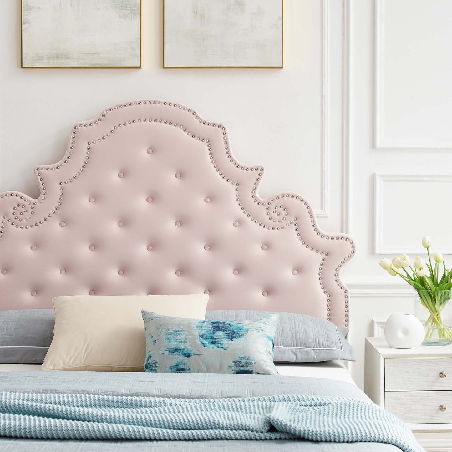 Gwyneth Tufted Performance Velvet Twin Platform Bed, Velvet, Pink, 22703