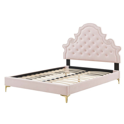 Gwyneth Tufted Performance Velvet Twin Platform Bed, Velvet, Pink, 22703