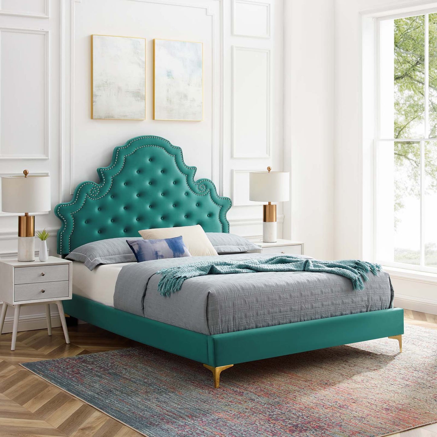 Gwyneth Tufted Performance Velvet Twin Platform Bed, Velvet, Teal Blue, 22704