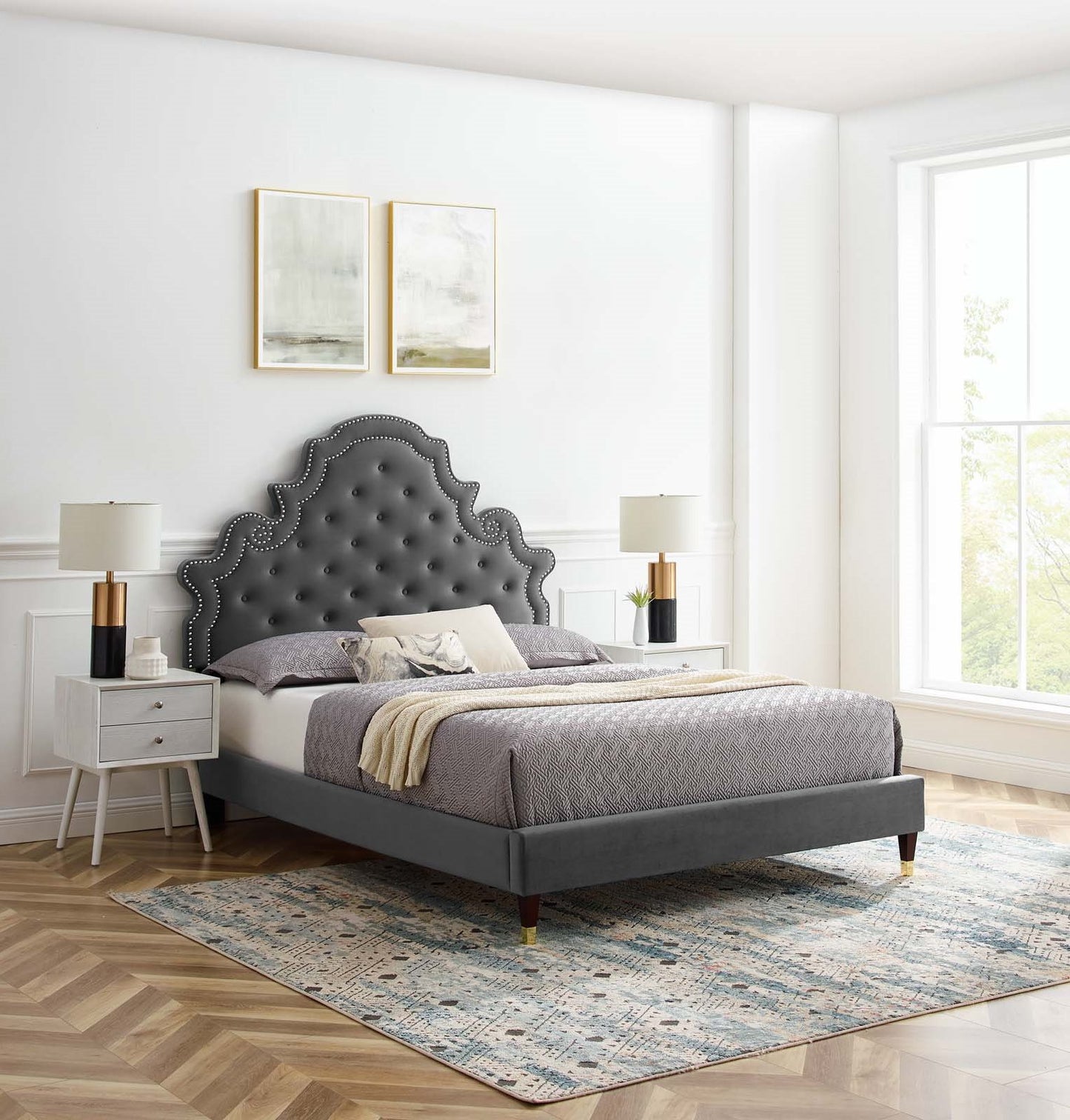 Gwyneth Tufted Performance Velvet Twin Platform Bed, Velvet, Dark Grey Gray, 22706