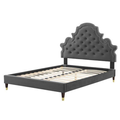 Gwyneth Tufted Performance Velvet Twin Platform Bed, Velvet, Dark Grey Gray, 22706