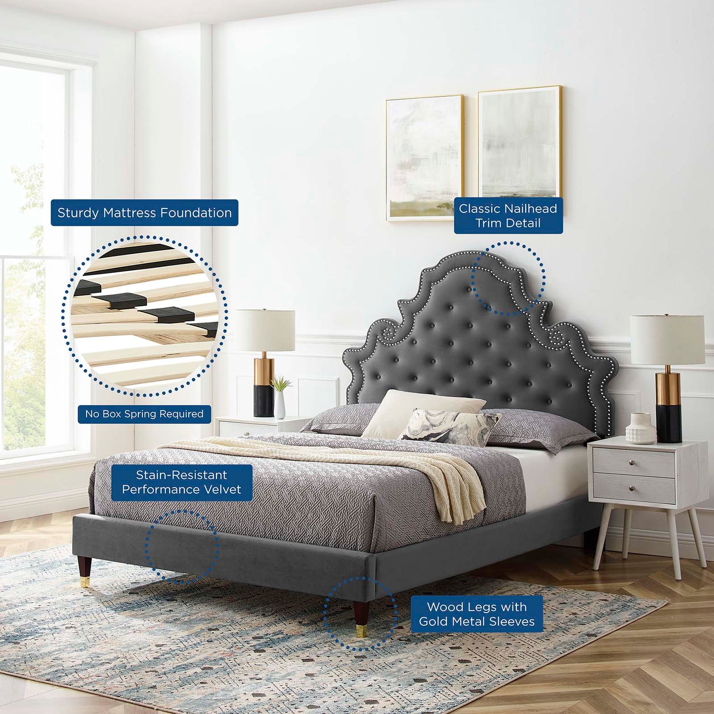 Gwyneth Tufted Performance Velvet Twin Platform Bed, Velvet, Dark Grey Gray, 22706