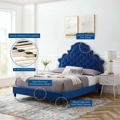 Gwyneth Tufted Performance Velvet Twin Platform Bed, Velvet, Blue Navy, 22710