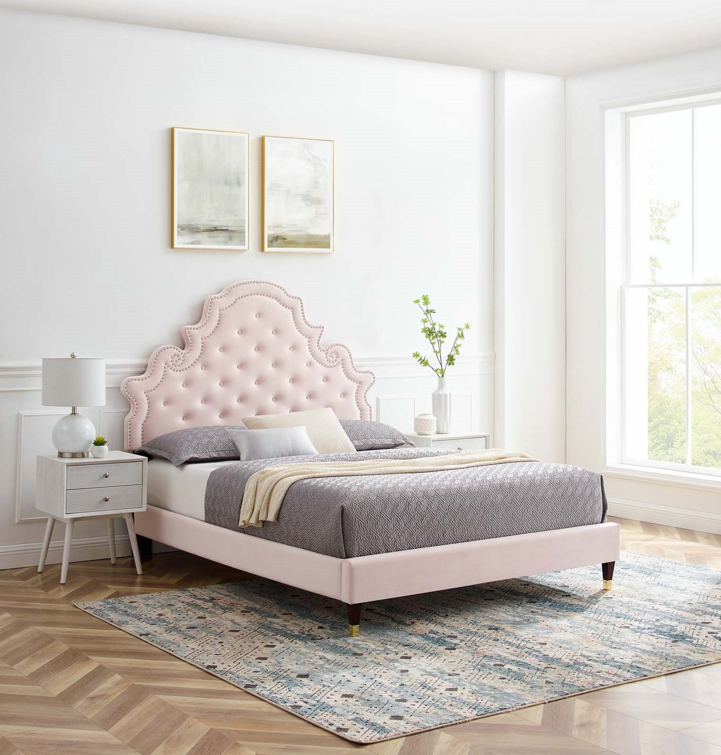 Gwyneth Tufted Performance Velvet Twin Platform Bed, Velvet, Pink, 22711