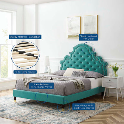 Gwyneth Tufted Performance Velvet Twin Platform Bed, Velvet, Teal Blue, 22712