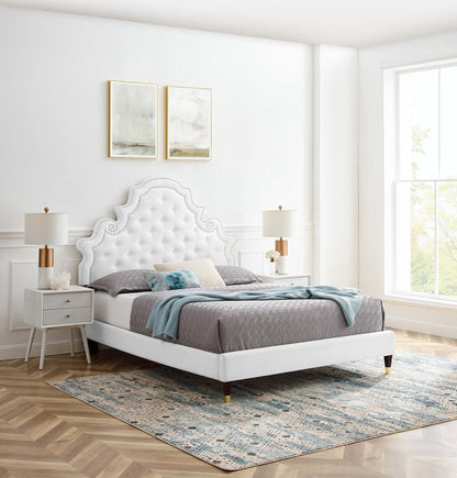 Gwyneth Tufted Performance Velvet Twin Platform Bed, Velvet, White, 22713