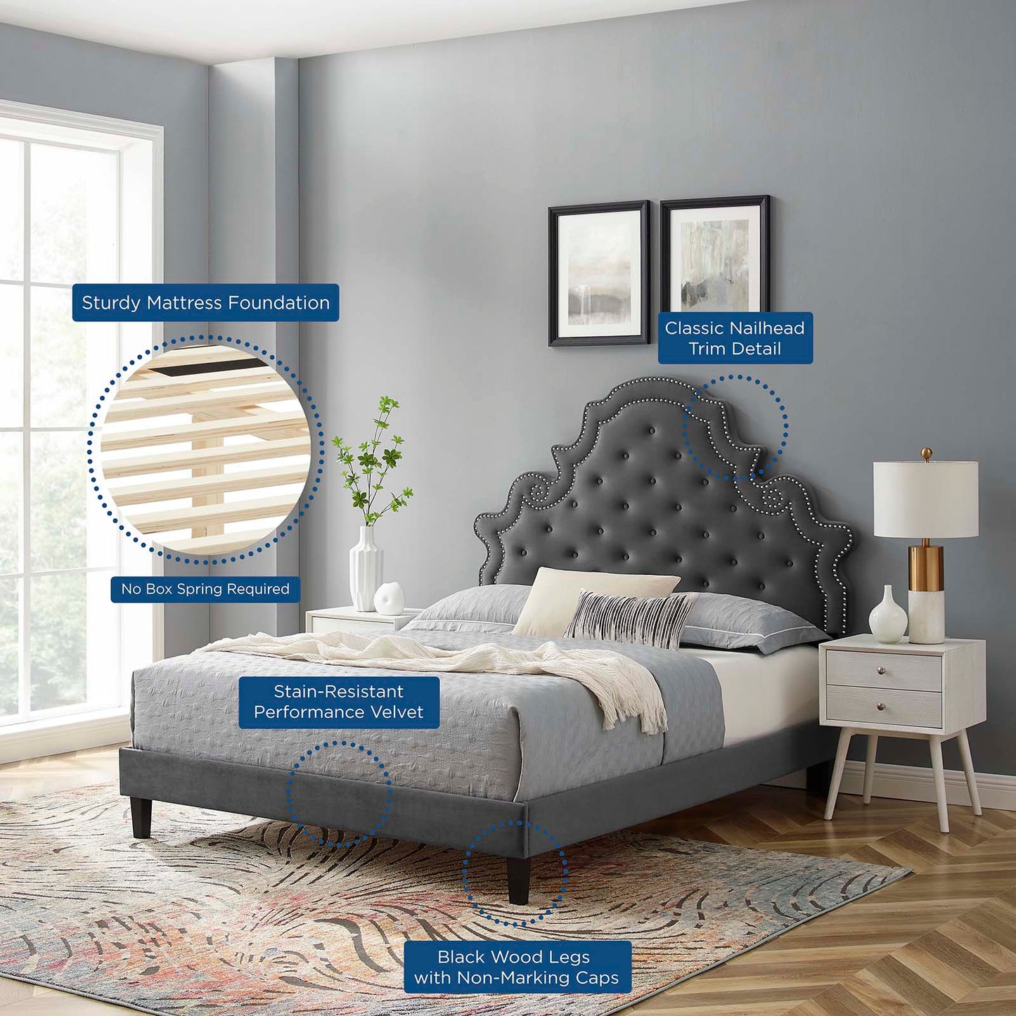 Gwyneth Tufted Performance Velvet Twin Platform Bed, Velvet, Dark Grey Gray, 22714