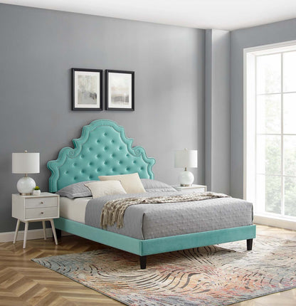 Gwyneth Tufted Performance Velvet Twin Platform Bed, Velvet, Blue, 22717