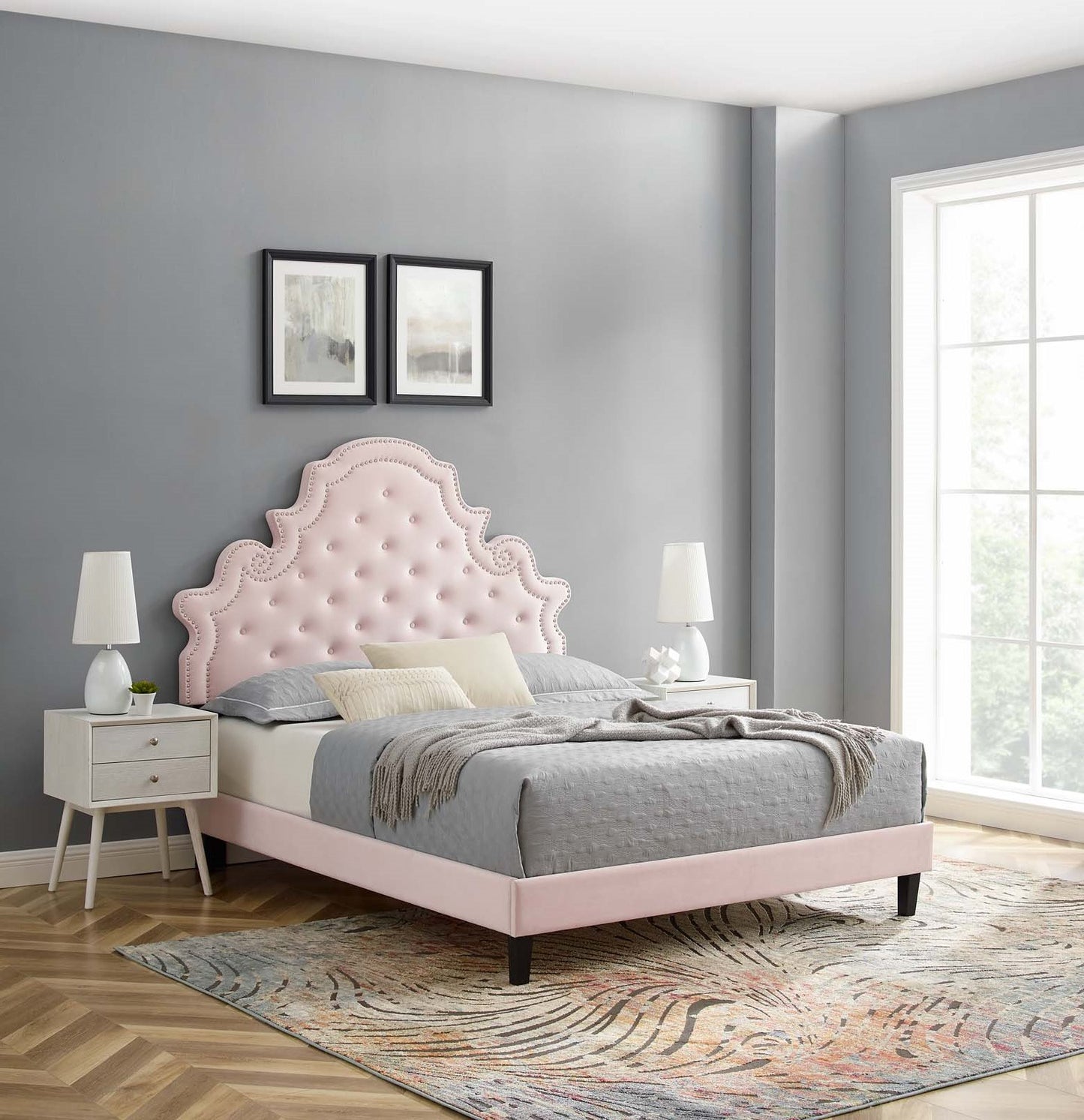 Gwyneth Tufted Performance Velvet Twin Platform Bed, Velvet, Pink, 22719