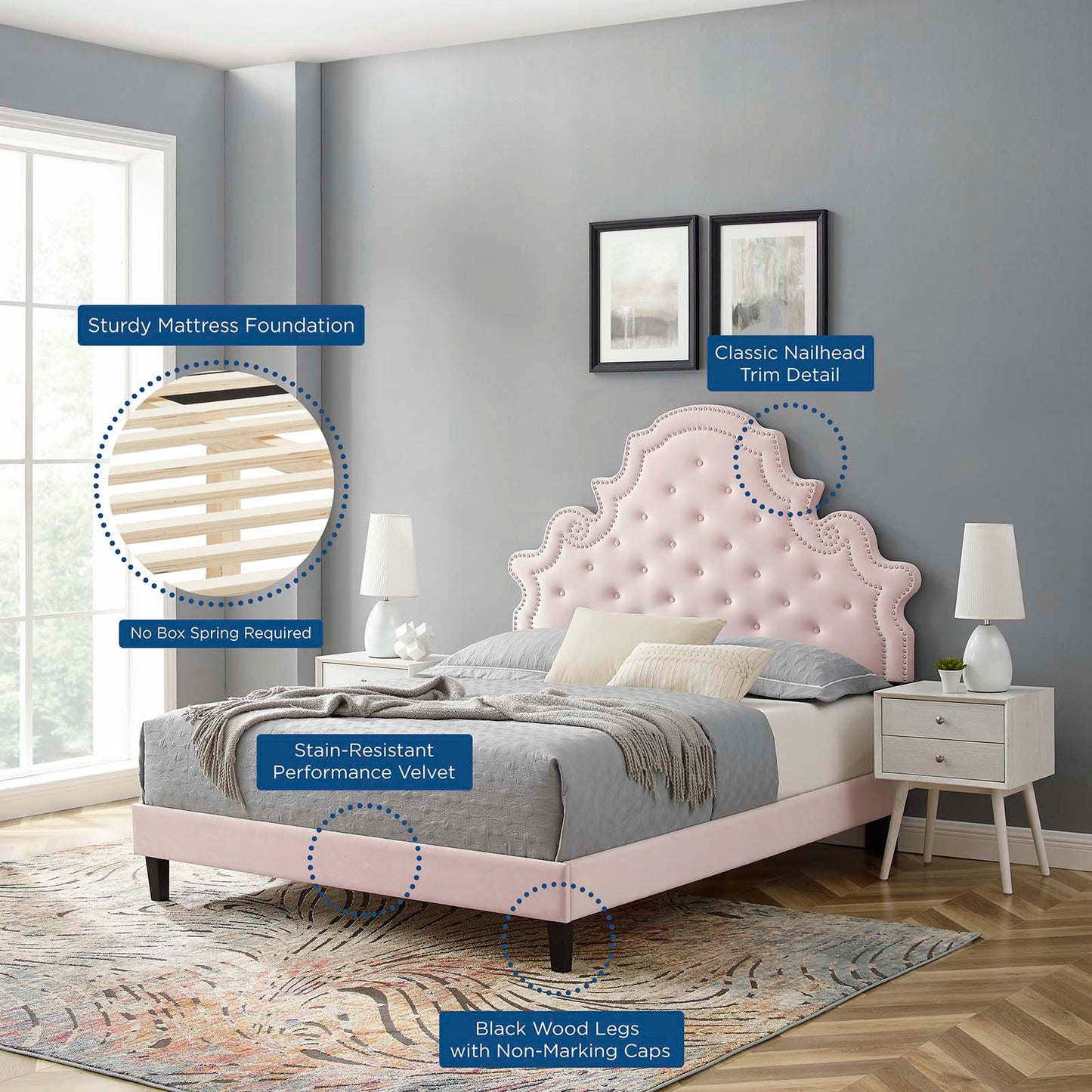 Gwyneth Tufted Performance Velvet Twin Platform Bed, Velvet, Pink, 22719