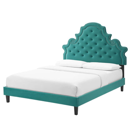 Gwyneth Tufted Performance Velvet Twin Platform Bed, Velvet, Teal Blue, 22720