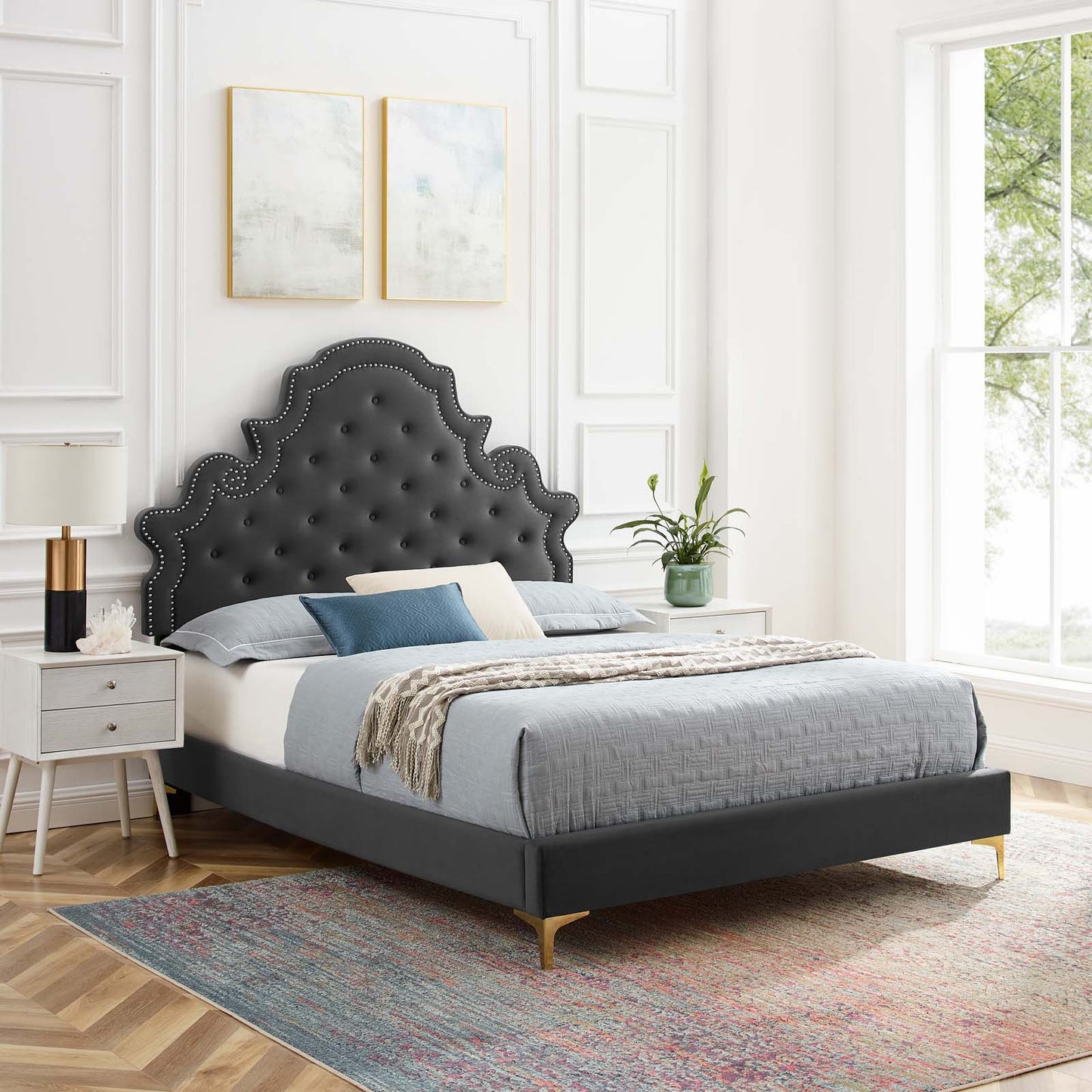 Gwyneth Tufted Performance Velvet Full Platform Bed, Velvet, Dark Grey Gray, 22722