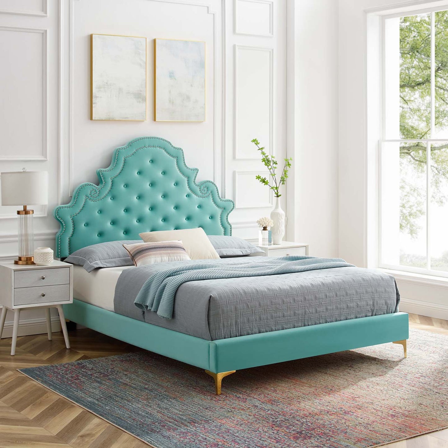 Gwyneth Tufted Performance Velvet Full Platform Bed, Velvet, Blue, 22725
