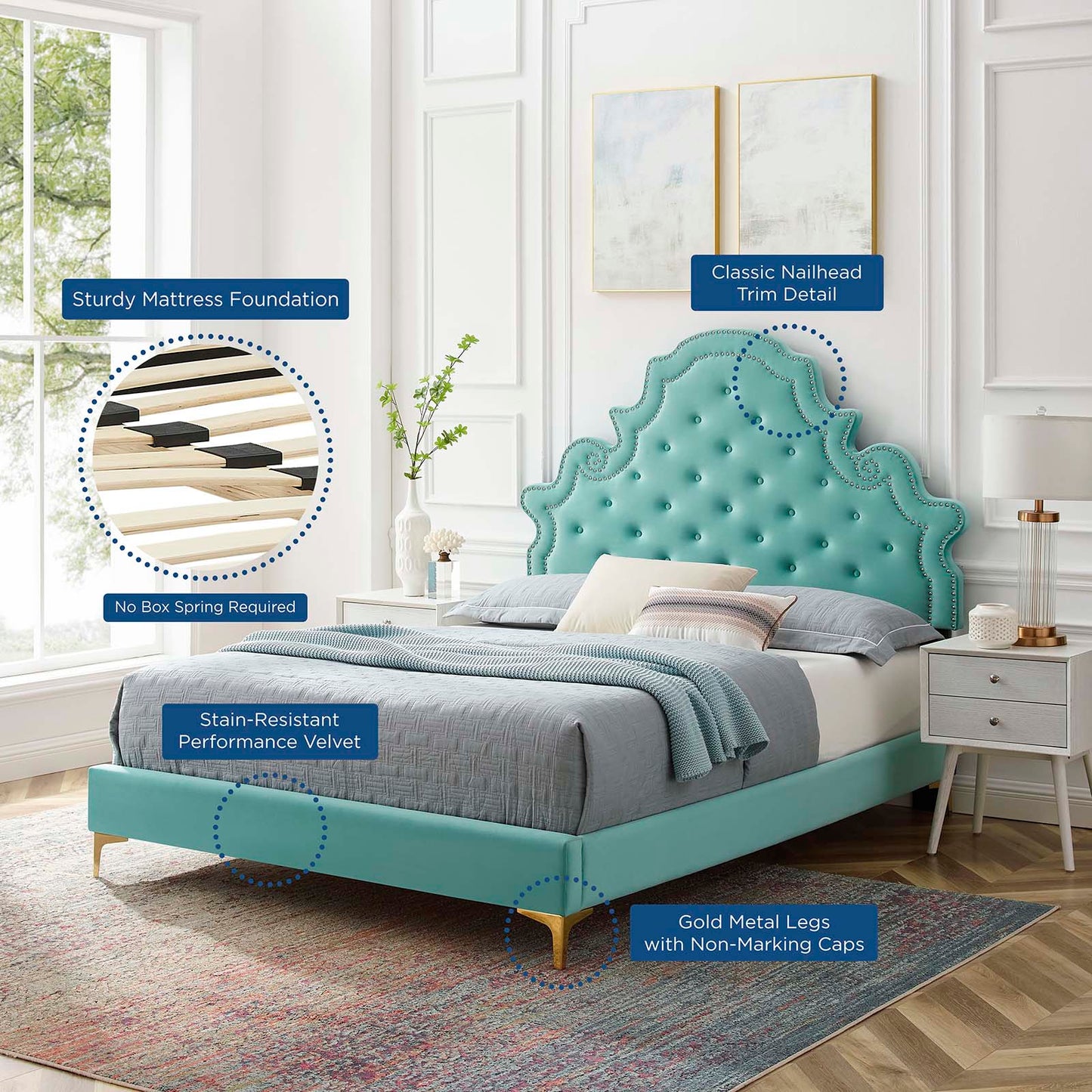 Gwyneth Tufted Performance Velvet Full Platform Bed, Velvet, Blue, 22725