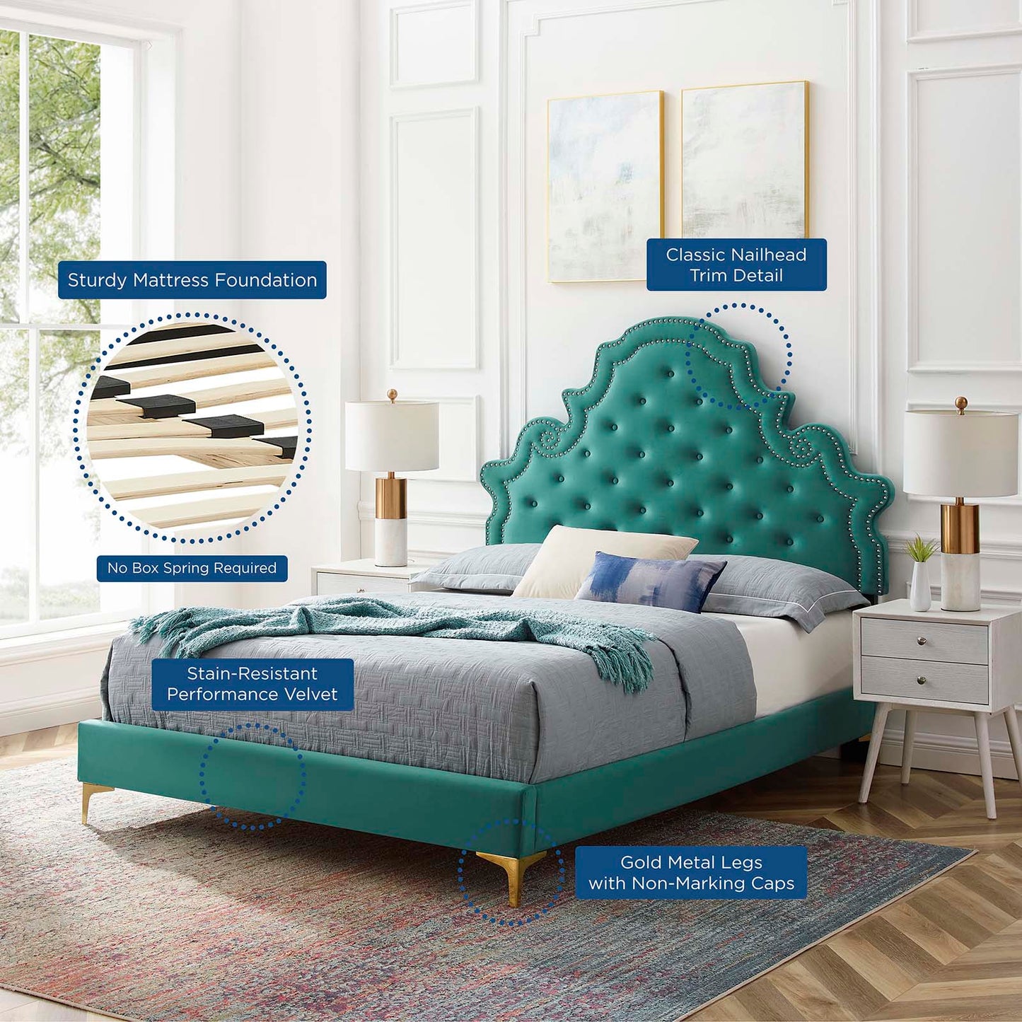 Gwyneth Tufted Performance Velvet Full Platform Bed, Velvet, Teal Blue, 22728