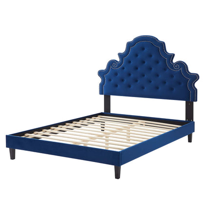 Gwyneth Tufted Performance Velvet Full Platform Bed, Velvet, Blue Navy, 22742