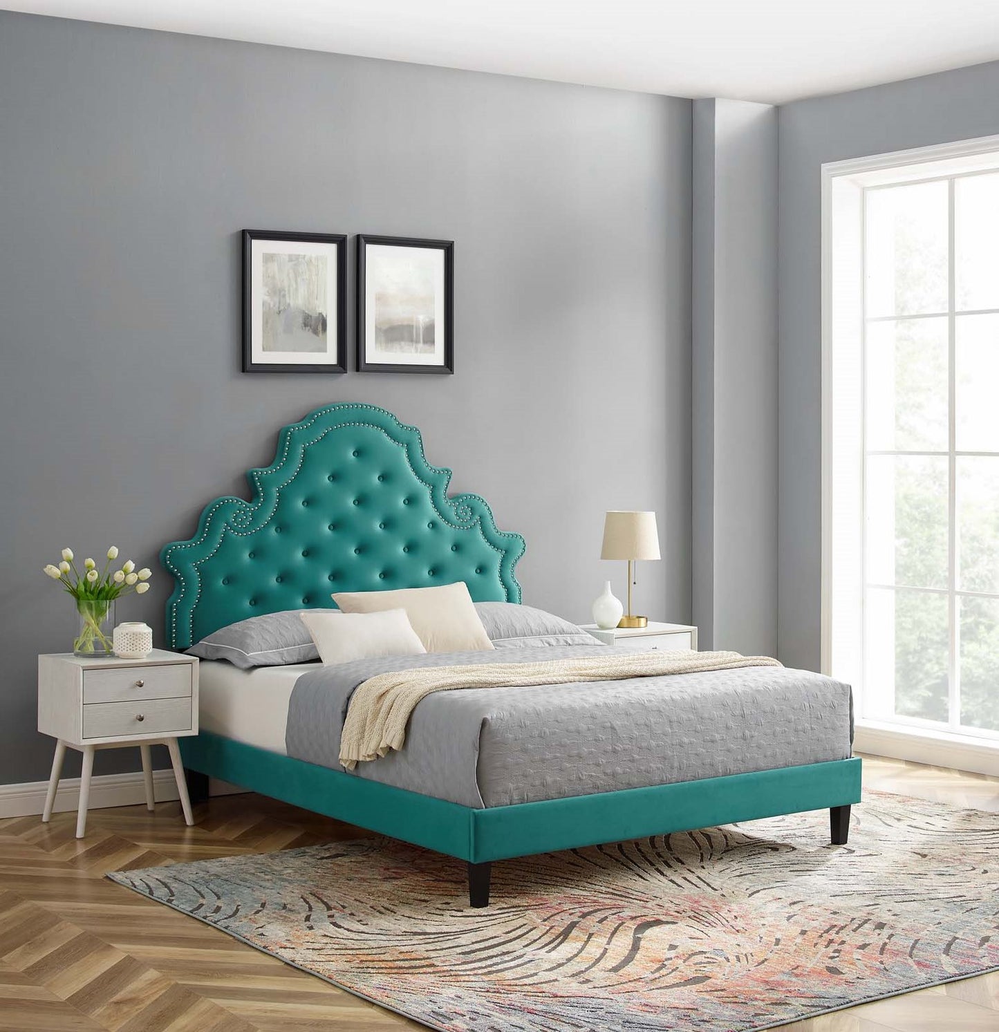 Gwyneth Tufted Performance Velvet Full Platform Bed, Velvet, Teal Blue, 22744
