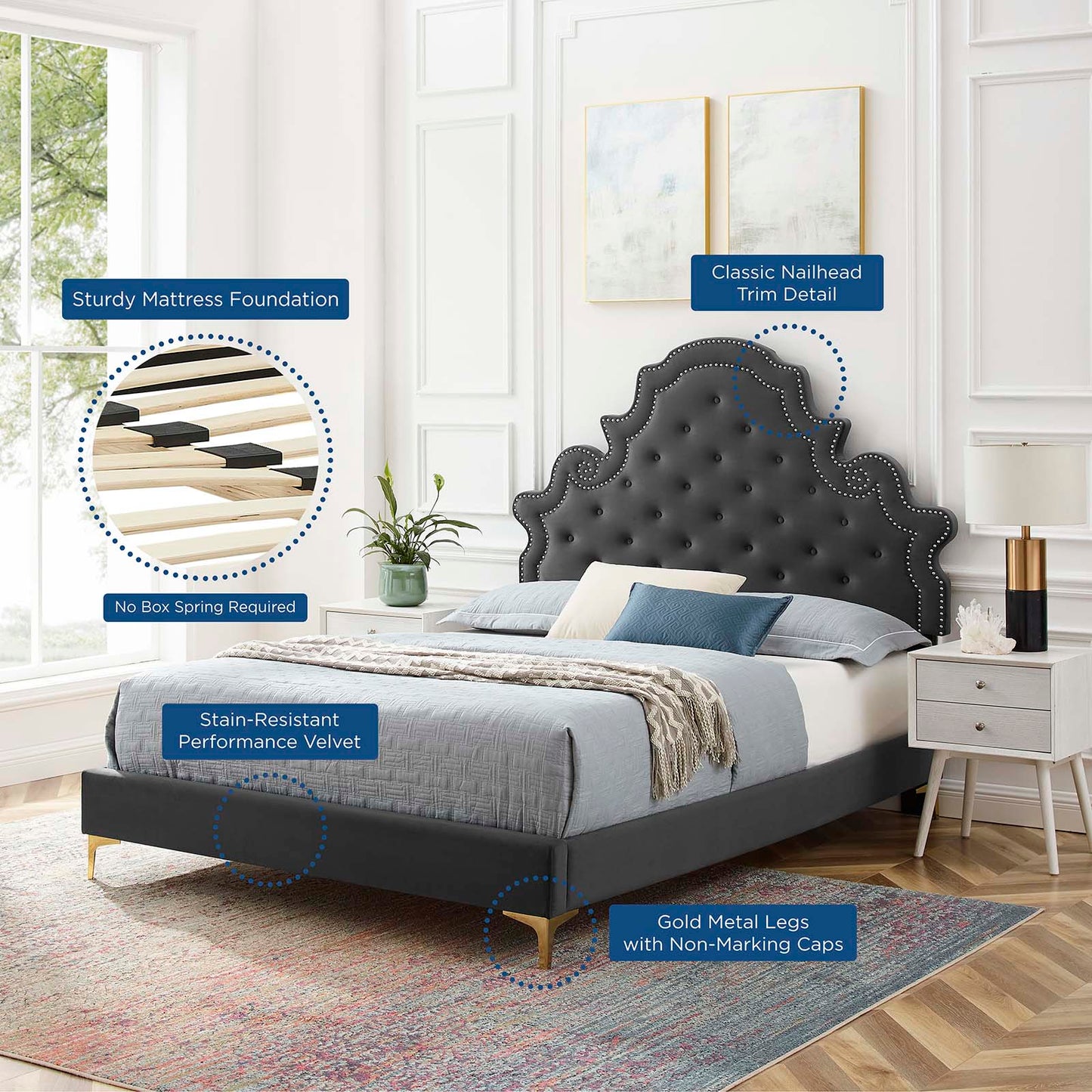 Gwyneth Tufted Performance Velvet King Platform Bed, Velvet, Dark Grey Gray, 22746