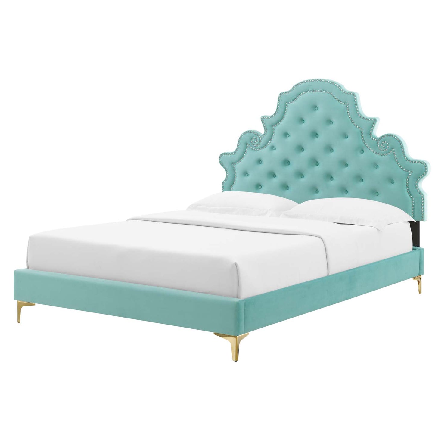 Gwyneth Tufted Performance Velvet King Platform Bed, Velvet, Blue, 22749